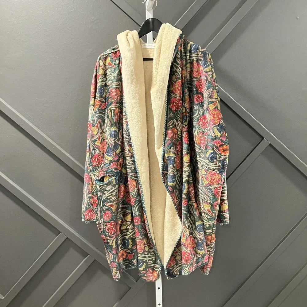 Natural Life L/XL Floral Sherpa Fleece Hooded Kimono Cardigan Robe Boho